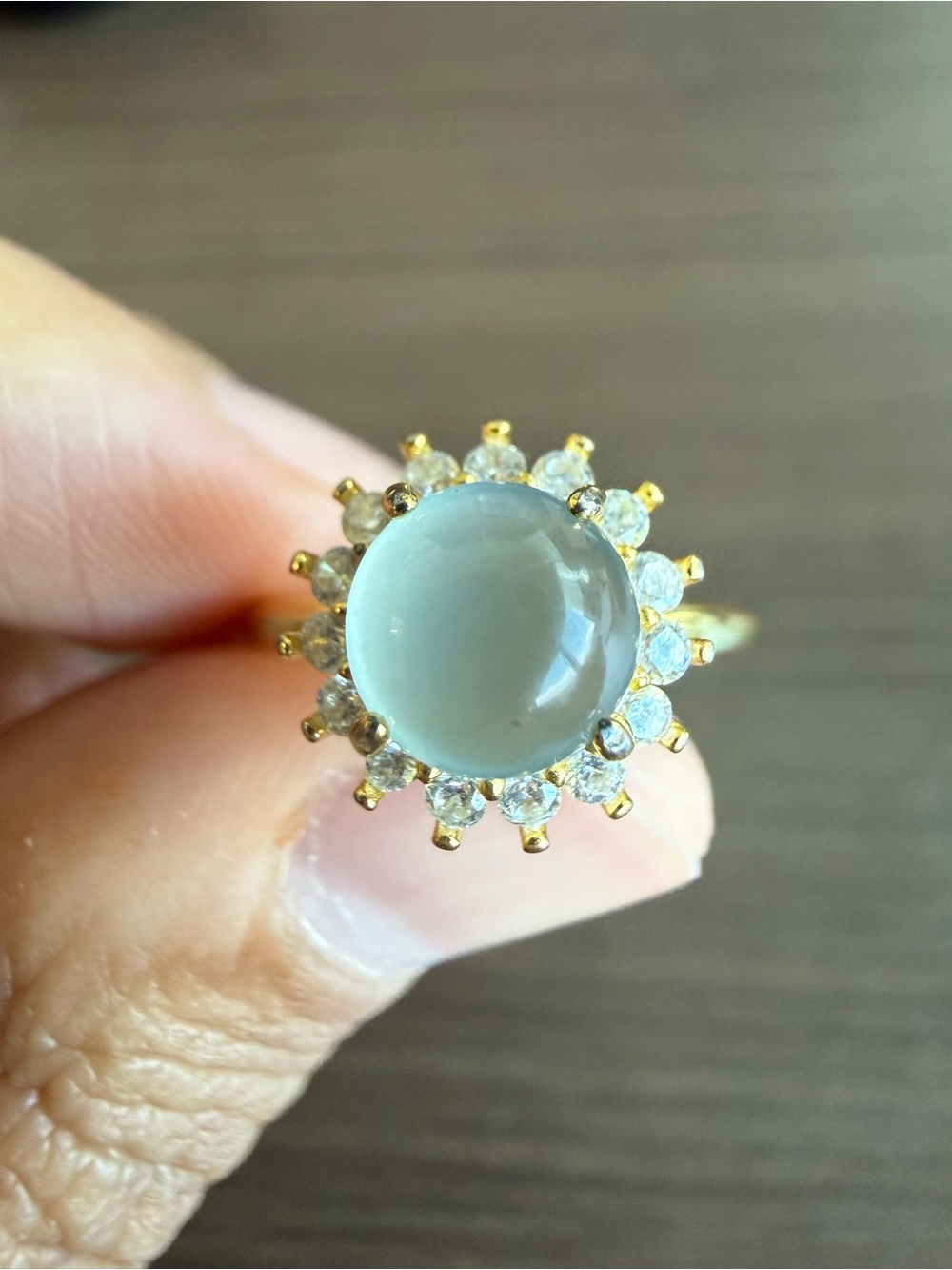 Real Grade A Icy Jade Cabochon Halo Ring Yellow Gold Over 925 Sterling Silver